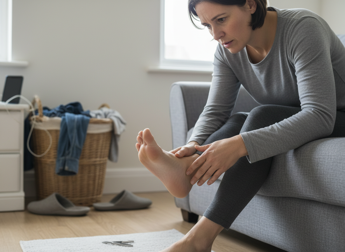 Person noticing a thickened, discoloured toenail while putting on socks in a bathroom setting.
