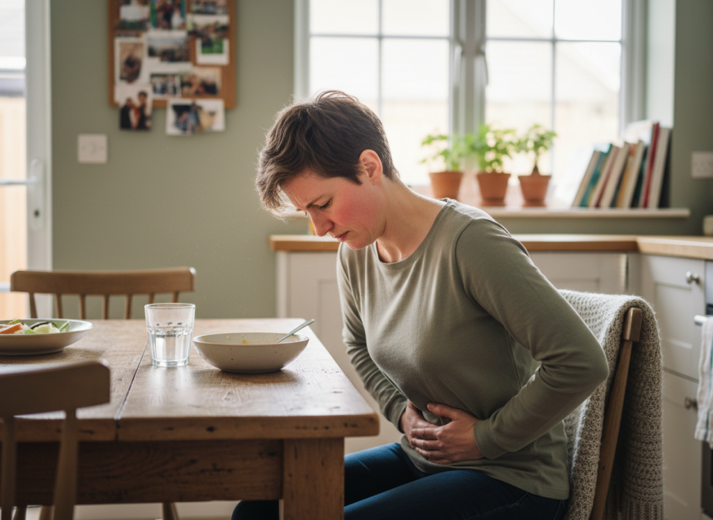 (courierstaging.mystagingwebsite.com): Real-life style image of an adult at home after eating, holding their abdomen, with subtle cues of flushing, fatigue and discomfort.