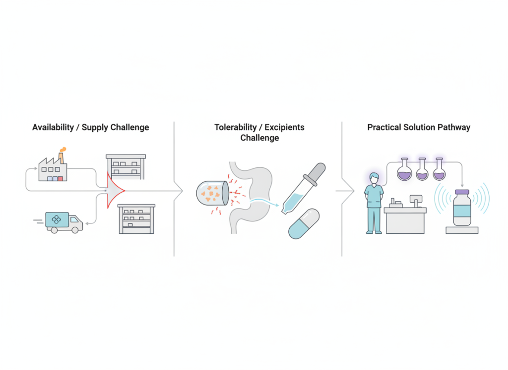 (courierstaging.mystagingwebsite.com): Technical split infographic showing medicine supply bottlenecks and excipient sensitivity, plus a pathway to alternative formulations.