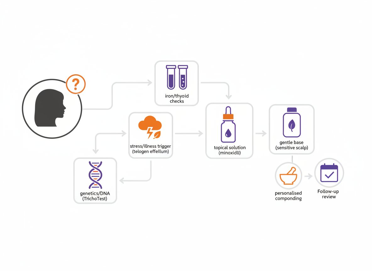 Visual flow diagram showing diagnosis, tests, triggers, genetics, treatment options, and follow-up review without text. courierstaging.mystagingwebsite.com